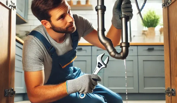 DALL·E 2025-03-21 07.46.02 - A plumber repairing a leaking pipe under a kitchen sink. The plumber is using a wrench and wearing safety gloves. Water is dripping from the pipe, and