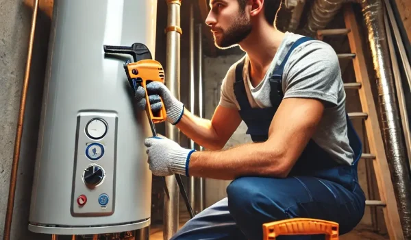 DALL·E 2025-03-21 07.57.18 - A plumber installing a new water heater in a residential home. The plumber is wearing safety gear and using modern tools. The background shows a utili