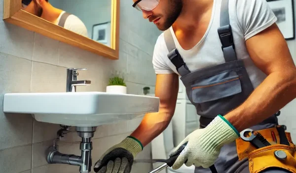 DALL·E 2025-03-21 08.00.27 - A plumber using a drain snake to unclog a bathroom sink. The plumber is wearing work gloves and safety glasses. The bathroom has a clean, modern desig
