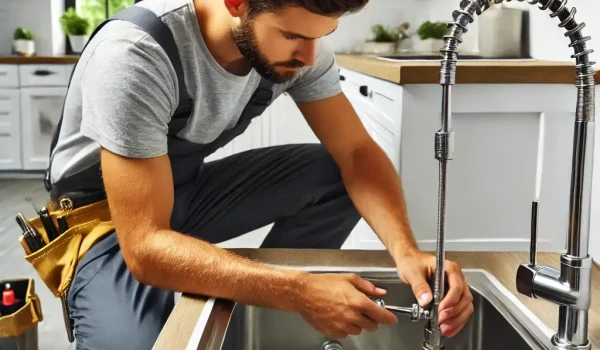 DALL·E 2025-03-22 03.31.15 - A plumber installing a new kitchen sink and faucet. The plumber is using tools to secure the pipes. The modern kitchen features white countertops and