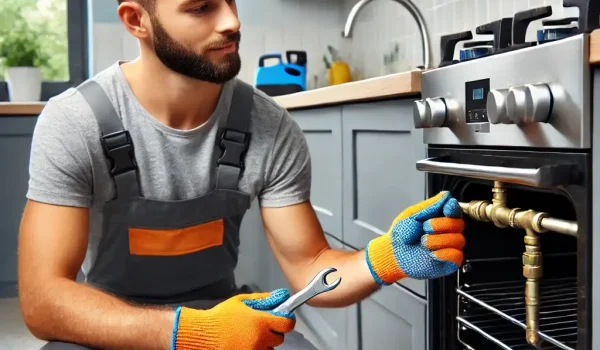 DALL·E 2025-03-22 03.33.09 - A plumber installing a new gas line for a stove in a modern kitchen. The plumber is wearing safety gloves and using a wrench to connect the pipes. The