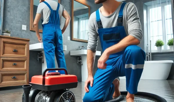 DALL·E 2025-03-22 03.34.12 - A plumber responding to an emergency plumbing repair in a flooded bathroom. The plumber is using a water pump to remove water. The background shows a