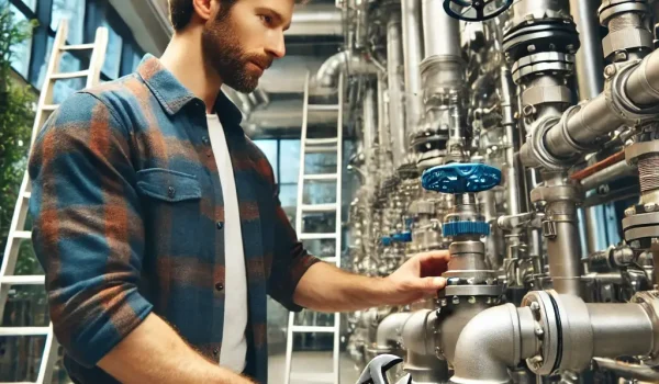 DALL·E 2025-03-22 03.35.02 - A plumber performing maintenance on a commercial plumbing system. The plumber is inspecting large pipes and valves in an industrial setting. The backg