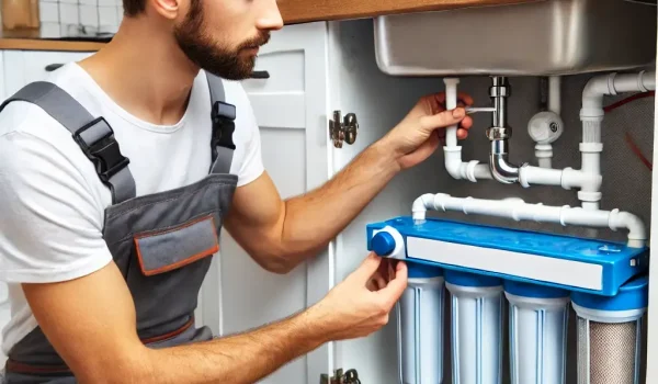 DALL·E 2025-03-22 03.35.59 - A plumber installing a new water filtration system under a kitchen sink. The plumber is connecting pipes and filters, ensuring clean water supply. The