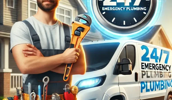 DALL·E 2025-03-23 04.33.27 - A professional 24_7 plumbing service advertisement. The image features a plumber in uniform holding a wrench next to a service van with '24_7 Emergenc